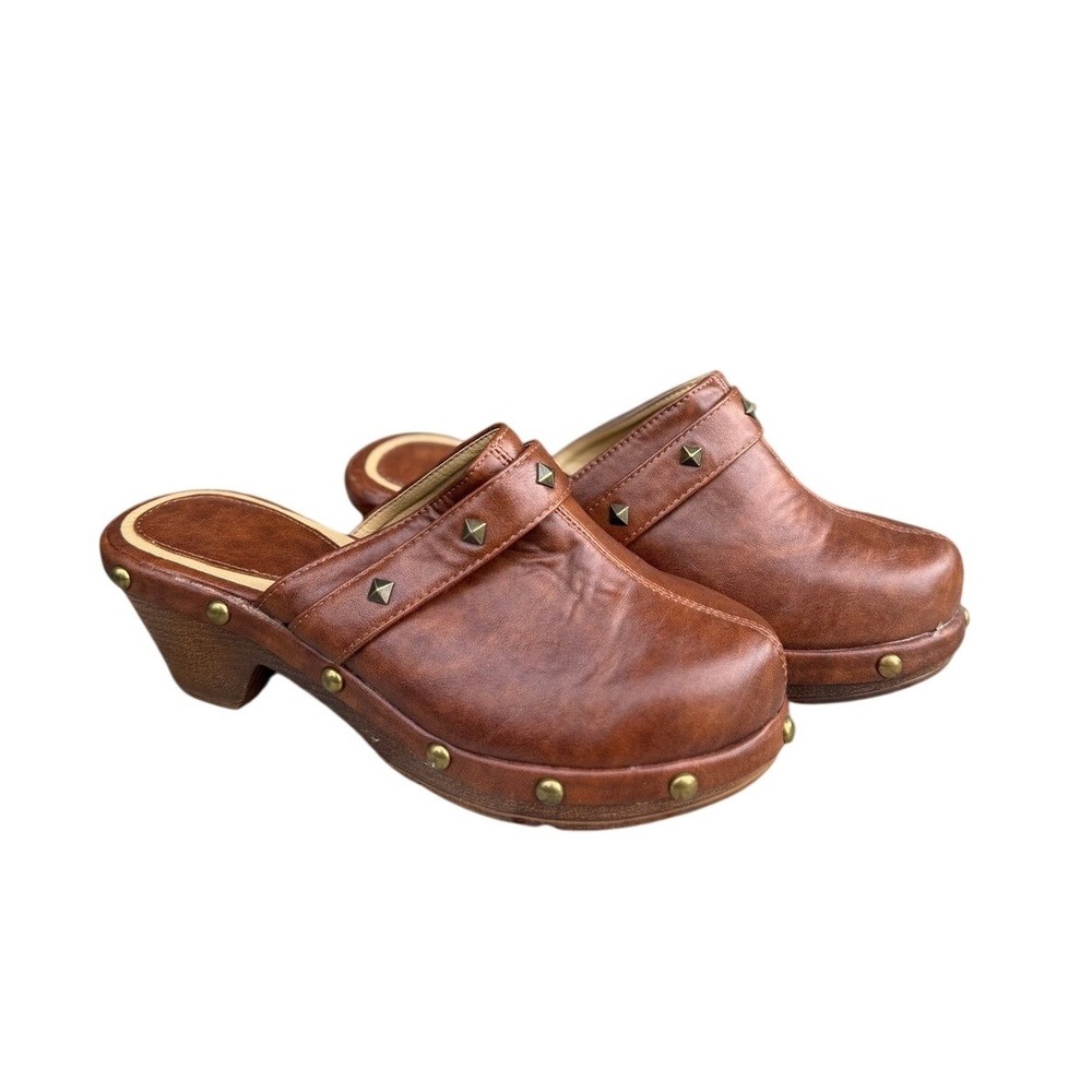 Brown Faux Leather Studded Clog Mules with Wood Grain Block Heel Women's Size 8